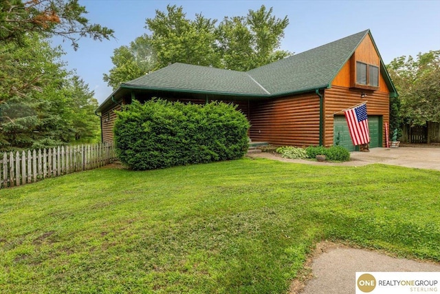 3521 N 267th Plz, Waterloo, NE 68069 - chalet / cabin with a garage, concrete driveway, roof with shingles, and log veneer siding