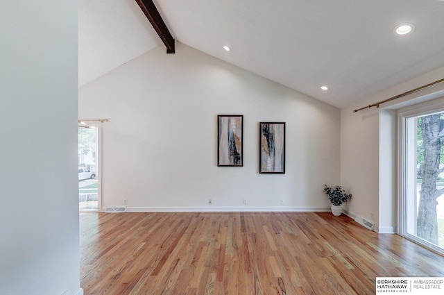 2726 N 129th Cir, Omaha, NE 68164 - spare room featuring beamed ceiling, light wood finished floors, recessed lighting, and high vaulted ceiling