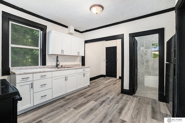 4419 N 39th St, Omaha, NE 68111 - kitchen featuring black range with electric stovetop, plenty of natural light, crown molding, decorative backsplash, and white cabinets