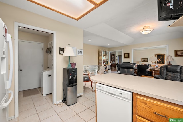 411 Hillside Ave, Yutan, NE 68073 - kitchen featuring white appliances, open floor plan, light tile patterned floors, light countertops, and recessed lighting