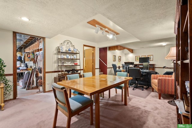 411 Hillside Ave, Yutan, NE 68073 - dining space with light carpet, an office area, a textured ceiling, and stairway