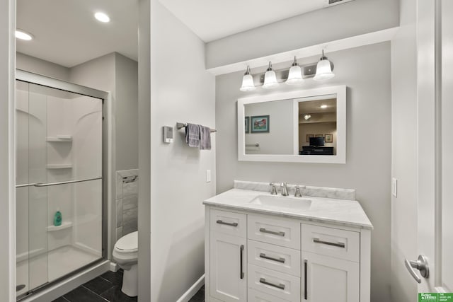 411 Hillside Ave, Yutan, NE 68073 - bathroom featuring a shower stall, vanity, tile patterned floors, and recessed lighting