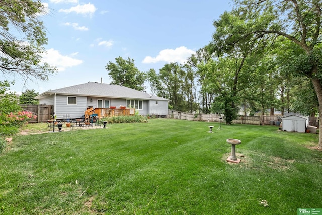 411 Hillside Ave, Yutan, NE 68073 - fenced backyard with a storage shed, an outdoor fire pit, and a deck