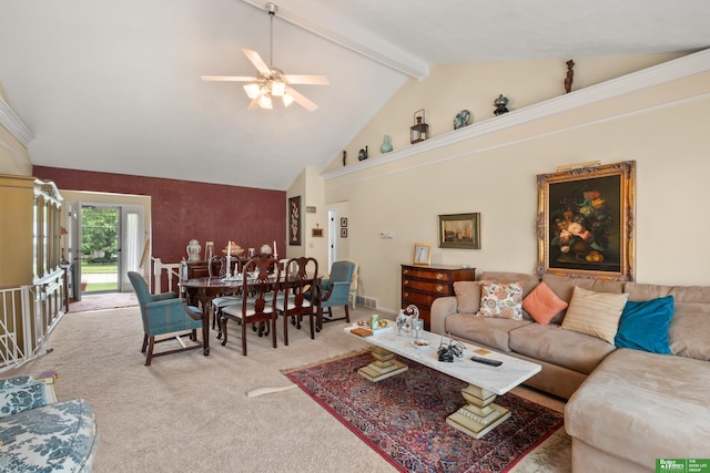 411 Hillside Ave, Yutan, NE 68073 - carpeted living area featuring a ceiling fan, beam ceiling, and high vaulted ceiling
