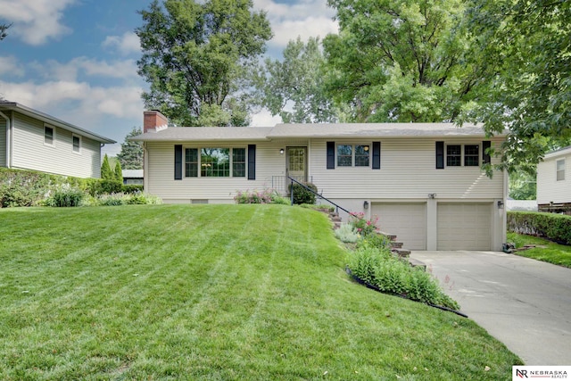 11018 Hascall St, Omaha, NE 68144 - ranch-style house with an attached garage, driveway, a front yard, and a chimney