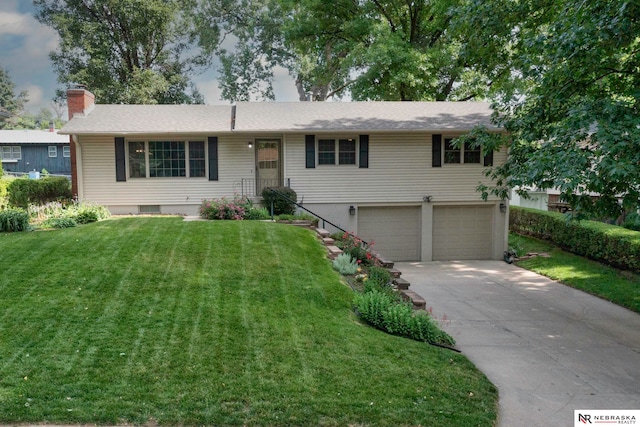 11018 Hascall St, Omaha, NE 68144 - ranch-style home featuring an attached garage, a front yard, concrete driveway, and a chimney