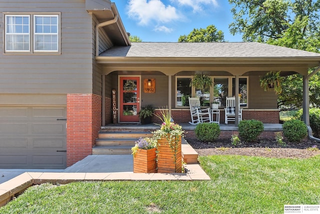 9903 Pasadena Ave, Omaha, NE 68124 - view of front of property featuring covered porch, brick siding, roof with shingles, and a front lawn