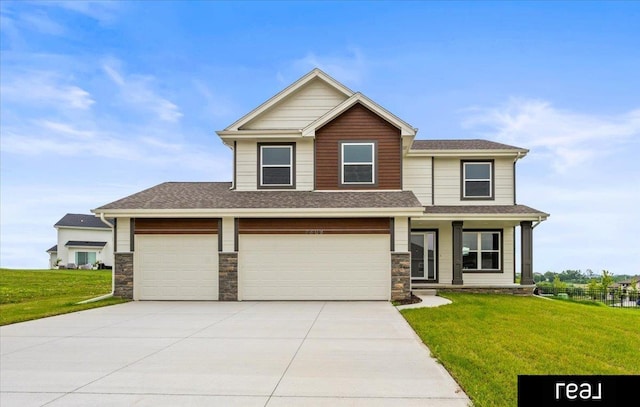 7409 N 176th Ave, Bennington, NE 68007 - view of front of home featuring a front lawn, driveway, stone siding, and a shingled roof