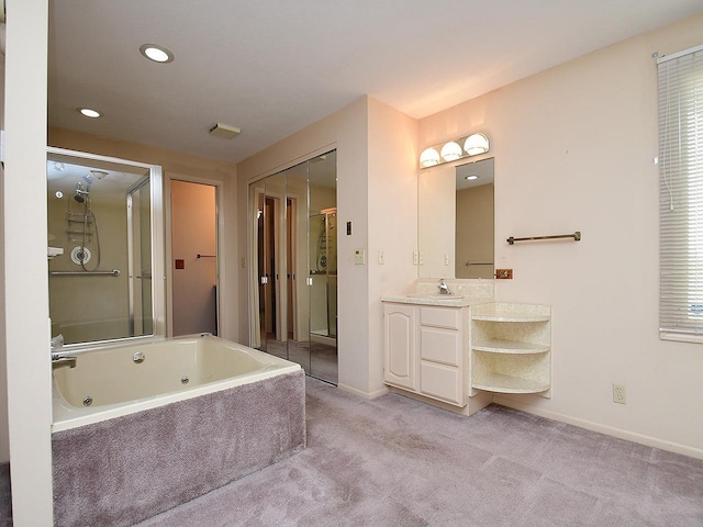 1502 Sunshine Blvd, Bellevue, NE 68123 - bathroom featuring a tub with jets, vanity, a stall shower, and recessed lighting