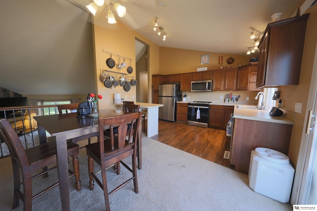 6005 S 191st Ter, Omaha, NE 68135 - kitchen with appliances with stainless steel finishes, lofted ceiling, light countertops, dark wood-style floors, and dark carpet