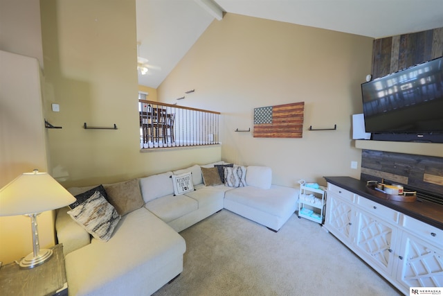 6005 S 191st Ter, Omaha, NE 68135 - carpeted living room with beam ceiling and high vaulted ceiling