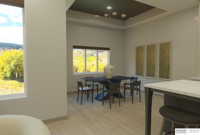 5518 S 200th Ave, Omaha, NE 68135 - dining area featuring a tray ceiling, light wood-type flooring, and a chandelier