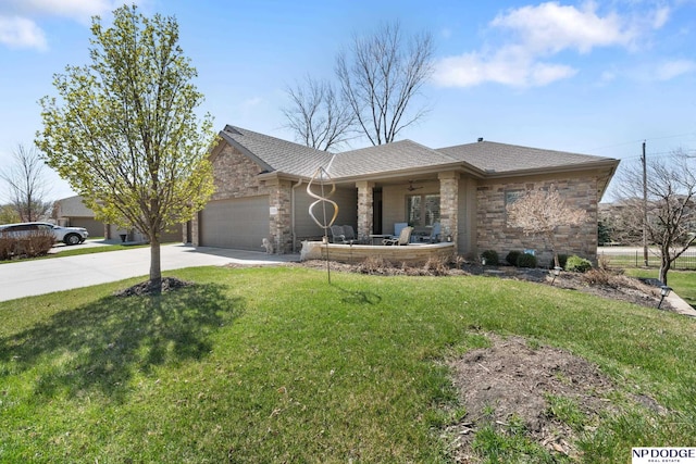 1320 S 190th Plz, Omaha, NE 68130 - single story home with stone siding, driveway, an attached garage, a front yard, and a shingled roof