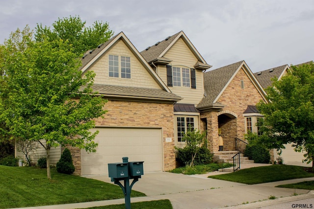 7841 Preserve Ln, Lincoln, NE 68516 - view of front of house featuring concrete driveway, roof with shingles, stone siding, and a front yard