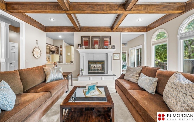 733 N 157th Cir, Omaha, NE 68118 - carpeted living room featuring coffered ceiling, beam ceiling, and a tile fireplace
