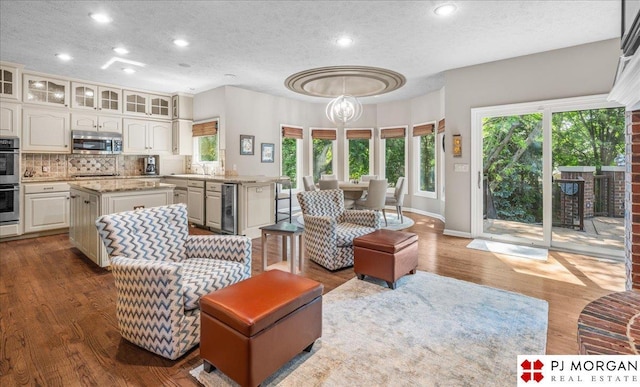 733 N 157th Cir, Omaha, NE 68118 - living area with wine cooler, plenty of natural light, dark wood-style floors, a textured ceiling, and recessed lighting