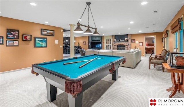 733 N 157th Cir, Omaha, NE 68118 - recreation room with light carpet, a brick fireplace, recessed lighting, and pool table