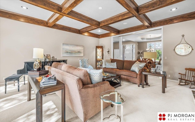 733 N 157th Cir, Omaha, NE 68118 - carpeted living area featuring coffered ceiling, beam ceiling, and recessed lighting