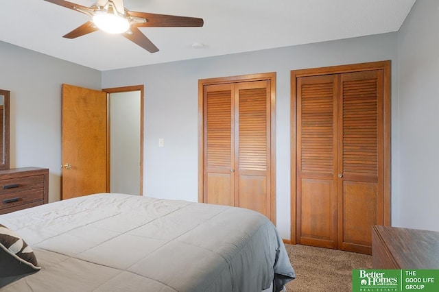 1800 N Clarmar Ave, Fremont, NE 68025 - bedroom with two closets, carpet flooring, and ceiling fan