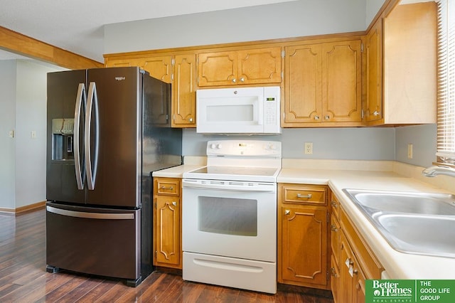 1800 N Clarmar Ave, Fremont, NE 68025 - kitchen with white appliances, dark wood finished floors, and brown cabinets