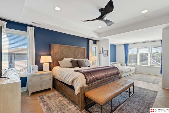 21034 X St, Omaha, NE 68022 - bedroom featuring a tray ceiling, recessed lighting, and a ceiling fan