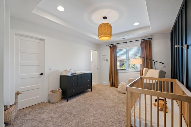 21034 X St, Omaha, NE 68022 - bedroom featuring a raised ceiling, carpet floors, recessed lighting, and a crib