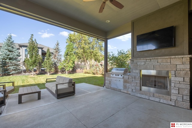 21034 X St, Omaha, NE 68022 - view of patio / terrace with exterior kitchen, a ceiling fan, and an outdoor living space with a fireplace