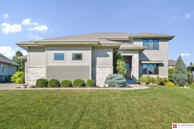 21034 X St, Omaha, NE 68022 - prairie-style home featuring stone siding, a front yard, stucco siding, and roof with shingles