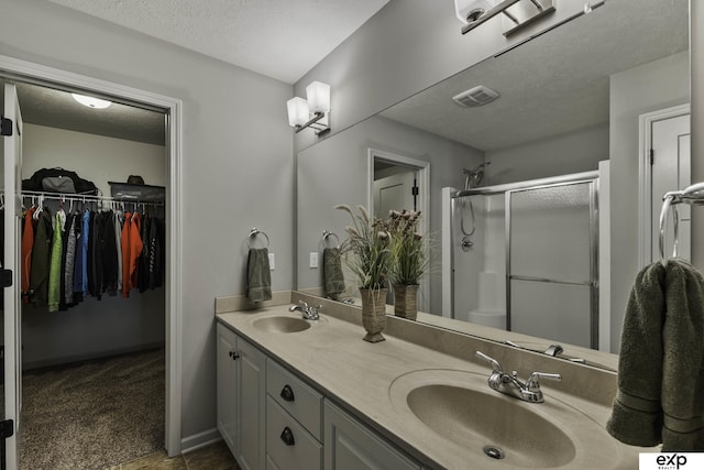 6015 S 193rd St, Omaha, NE 68135 - bathroom featuring a textured ceiling, a stall shower, double vanity, and a walk in closet
