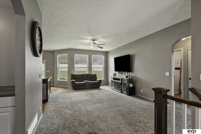 6015 S 193rd St, Omaha, NE 68135 - living area with a ceiling fan, a textured ceiling, arched walkways, carpet flooring, and a fireplace