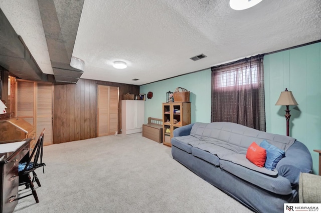 6409 Logan Ave, Lincoln, NE 68507 - living area with a textured ceiling, carpet, and wooden walls