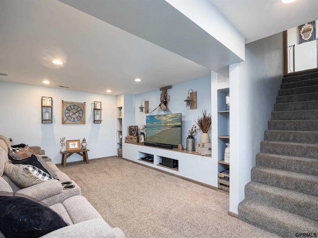 15413 Bondesson St, Bennington, NE 68007 - living area featuring carpet floors, stairs, recessed lighting, and built in shelves