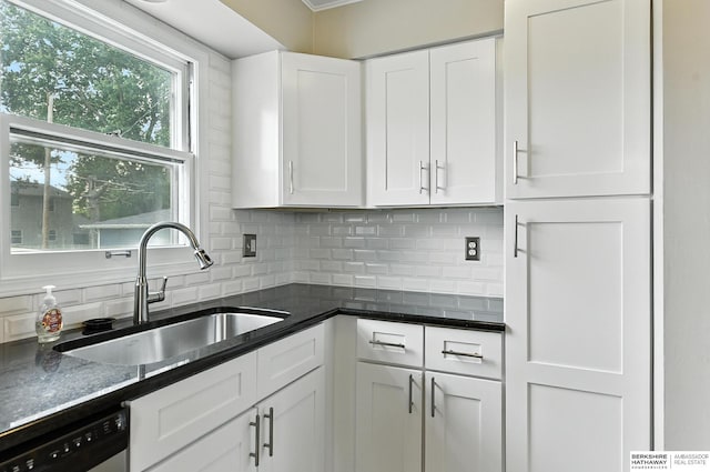 3207 S 121st St, Omaha, NE 68144 - kitchen with black dishwasher, white cabinets, tasteful backsplash, and dark stone countertops