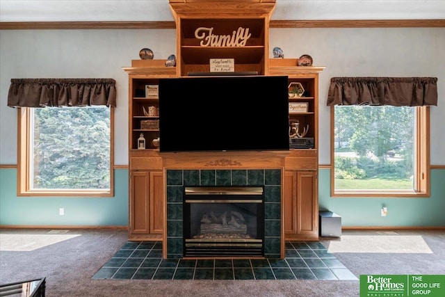 754 10th St, Syracuse, NE 68446 - detailed view of carpet floors, ornamental molding, and a tiled fireplace