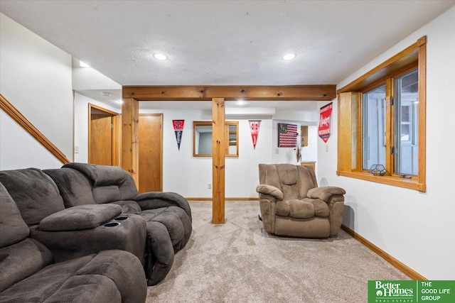 754 10th St, Syracuse, NE 68446 - living room featuring carpet, recessed lighting, and a textured ceiling