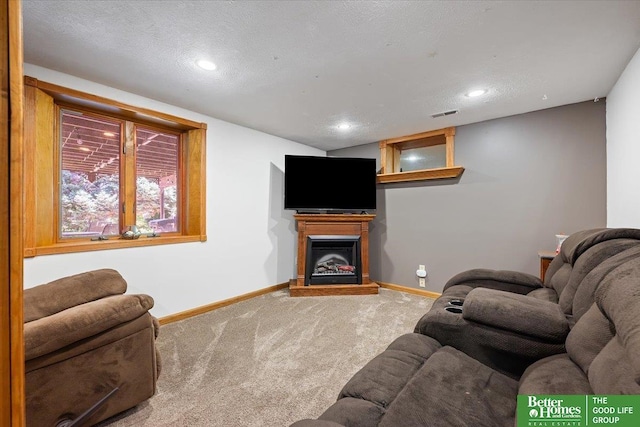 754 10th St, Syracuse, NE 68446 - carpeted living room with recessed lighting and a fireplace with raised hearth