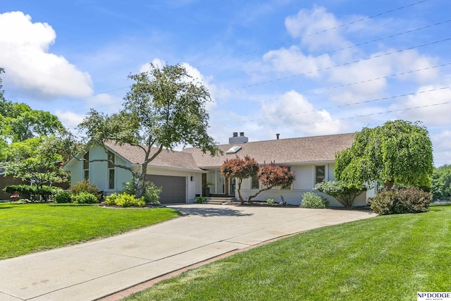 12328 Rose Ln, Omaha, NE 68154 - ranch-style home featuring a garage, a front lawn, concrete driveway, and a chimney