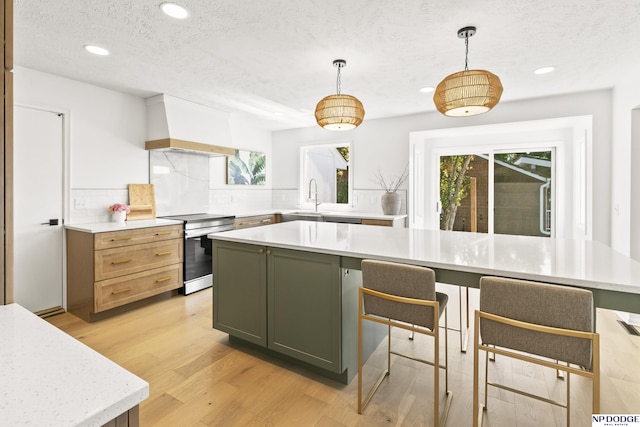12328 Rose Ln, Omaha, NE 68154 - kitchen featuring stainless steel range with electric stovetop, custom range hood, recessed lighting, tasteful backsplash, and a textured ceiling
