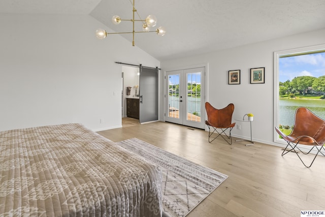 12328 Rose Ln, Omaha, NE 68154 - bedroom featuring access to outside, light wood finished floors, a barn door, a chandelier, and a water view