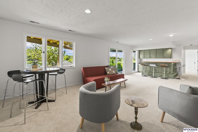 12328 Rose Ln, Omaha, NE 68154 - living room featuring light carpet, a bar, recessed lighting, and a textured ceiling