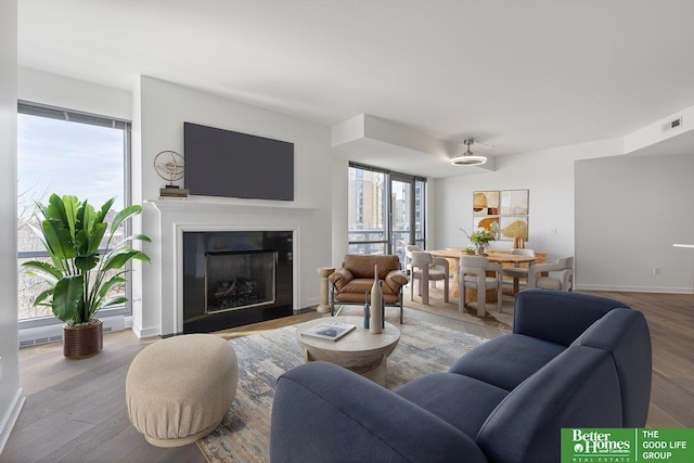 200 S 31st Ave Unit 4209, Omaha, NE 68131 - living area featuring wood finished floors and a fireplace with flush hearth