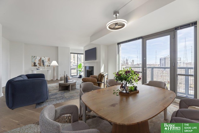 200 S 31st Ave Unit 4209, Omaha, NE 68131 - dining space featuring wood finished floors and a glass covered fireplace