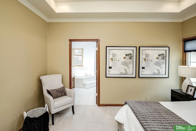 16140 Josephine St, Omaha, NE 68136 - bedroom featuring a tray ceiling, light colored carpet, ornamental molding, ensuite bathroom, and light tile patterned flooring