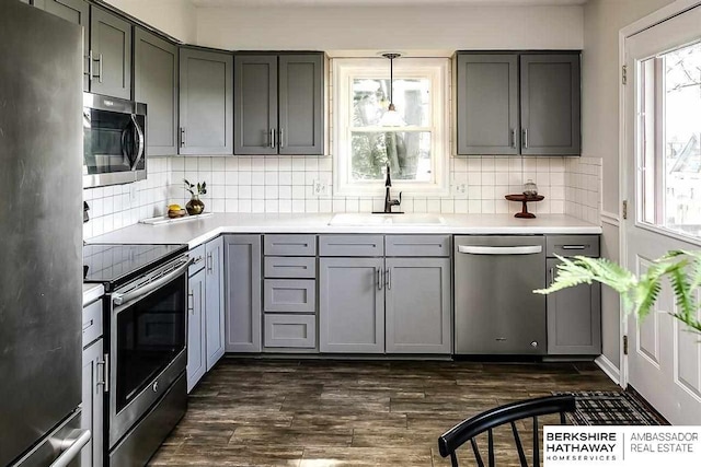 301 Gladys Ave, Yutan, NE 68073 - kitchen with appliances with stainless steel finishes, gray cabinetry, light countertops, and dark wood-type flooring