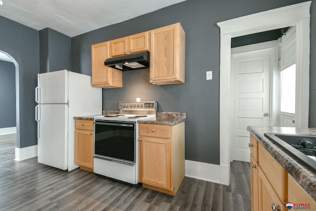 603 E Maple St, Sutton, NE 68979 - kitchen featuring white appliances, under cabinet range hood, dark wood-style floors, light brown cabinetry, and arched walkways