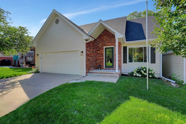 6833 Summerset Ct, Lincoln, NE 68516 - view of front of property with driveway, roof with shingles, a garage, a front lawn, and brick siding