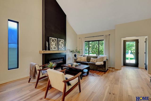 6833 Summerset Ct, Lincoln, NE 68516 - living area with high vaulted ceiling, light wood finished floors, and a glass covered fireplace