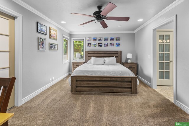 1015 N 127th Cir, Omaha, NE 68154 - bedroom with light carpet, ornamental molding, recessed lighting, and ceiling fan