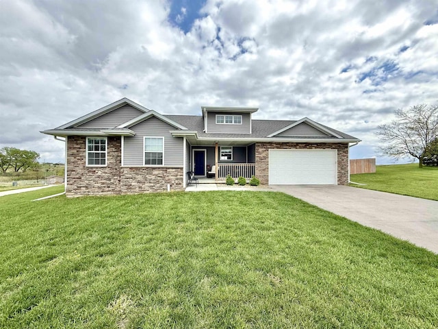 120 Snow Valley Cir, Palmyra, NE 68418 - craftsman house featuring a porch, a garage, driveway, a front yard, and stone siding