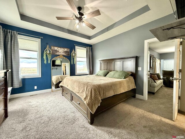 120 Snow Valley Cir, Palmyra, NE 68418 - carpeted bedroom featuring a raised ceiling and a ceiling fan